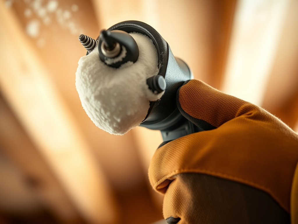 Close-up of a spray foam insulation gun applying cured foam texture