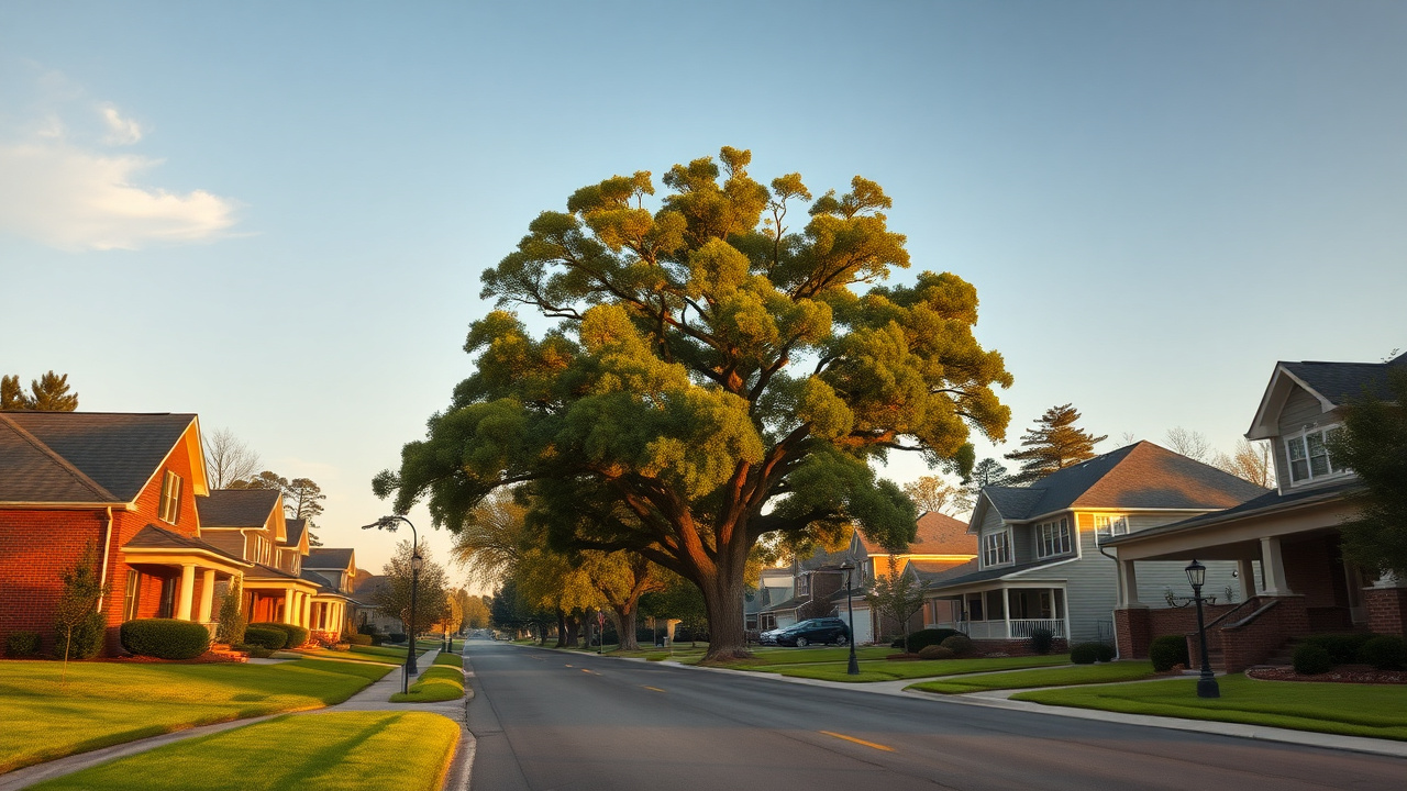 Neighborhood street near Athens, Georgia with mature trees and Southern-style homes