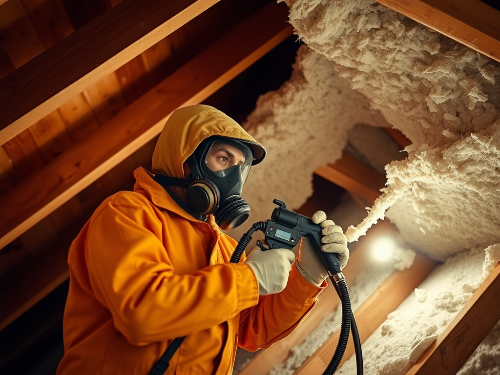 Technician spraying foam insulation onto an attic roof deck